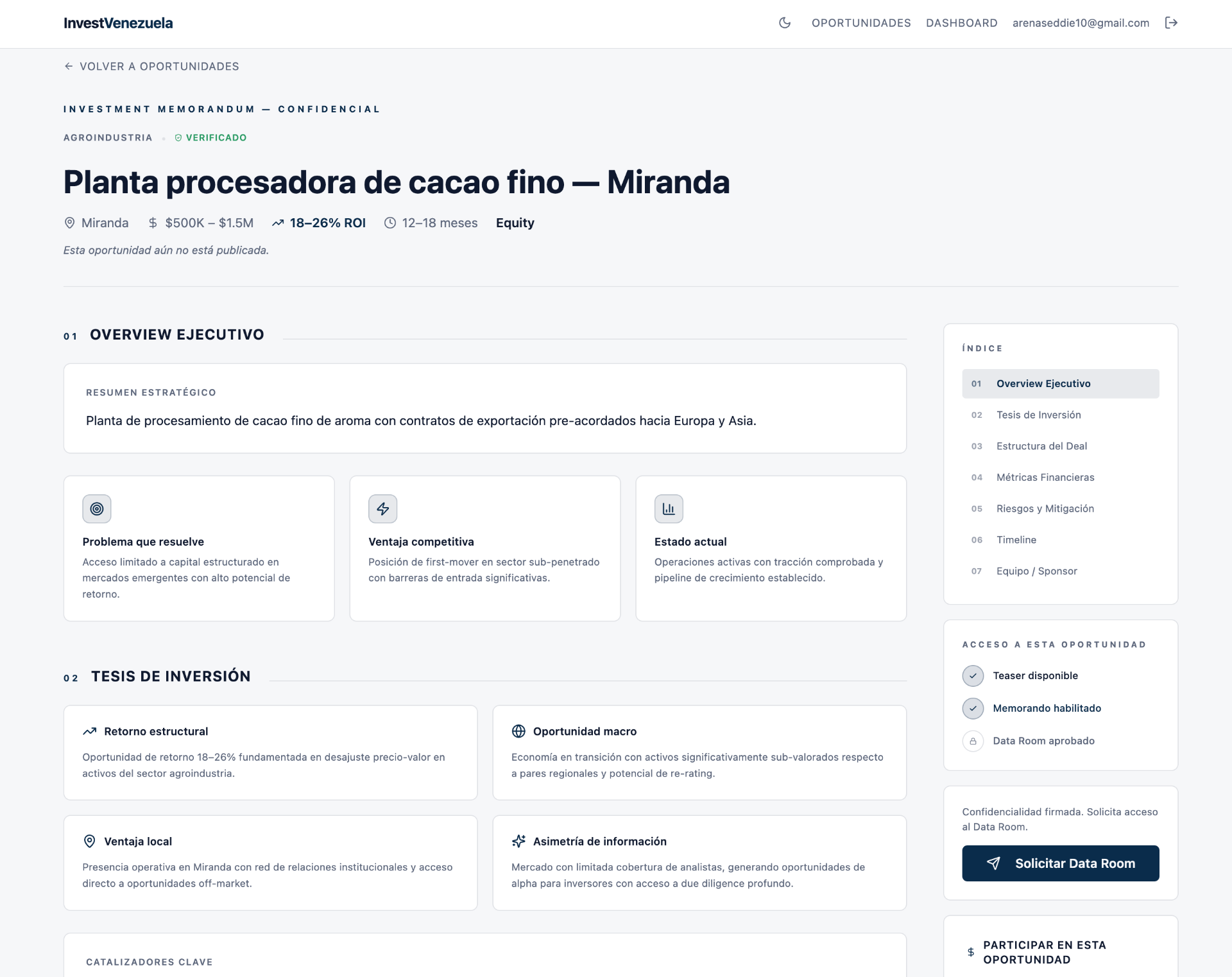 Vista del Investment Memorandum de Invest Venezuela
